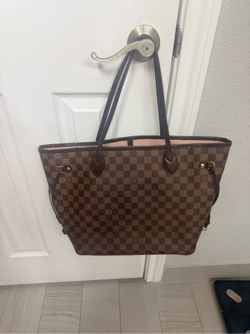 Louis Vuitton Damier-Brown Checkered Tote Bag with Pink Interior